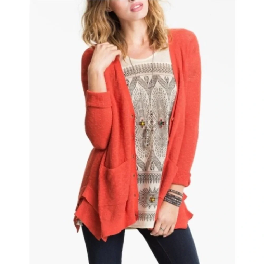 Free People Drape Red-Orange Waffle Knit Longline Buttondown Cardigan Sweater